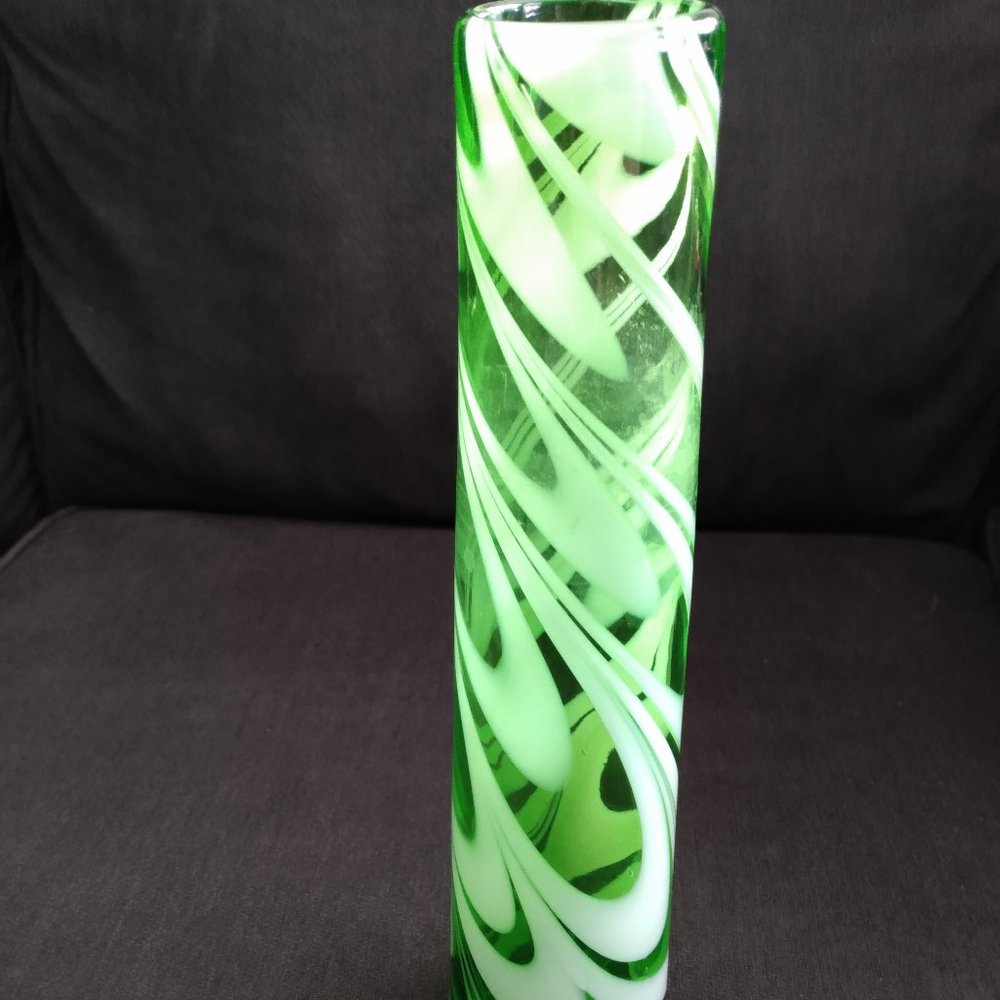 Green Hand Blown Vase White Swirl Design 11.5" Tall